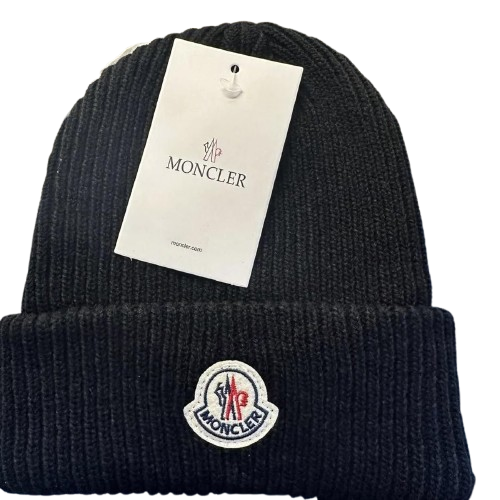 Bonnet Moncler - Maille Côtelée Noire avec Patch Tricolore