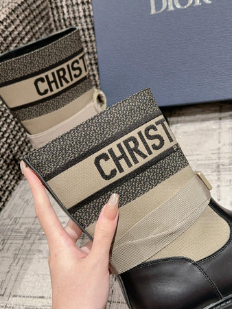 Bottes Dior noires et beige – Cuir & toile – Style biker